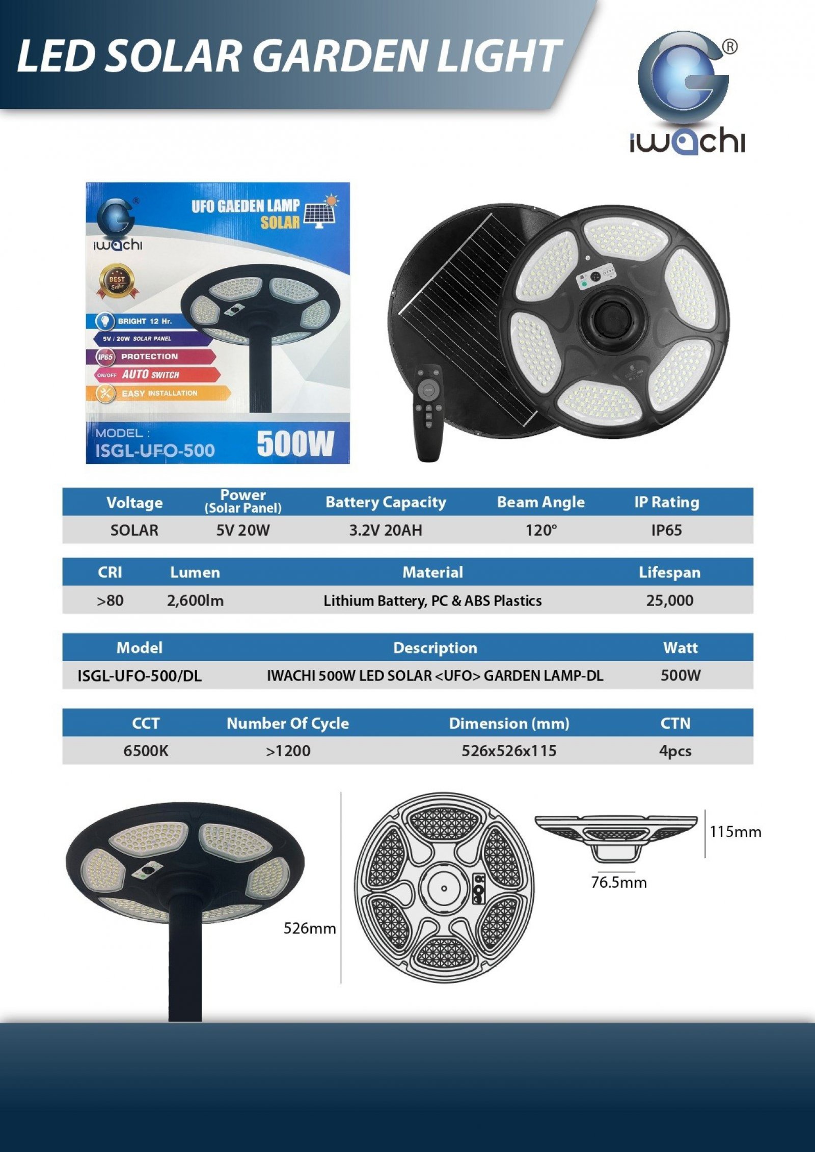 Iwachi 500W LED UFO Solar Garden Lamp