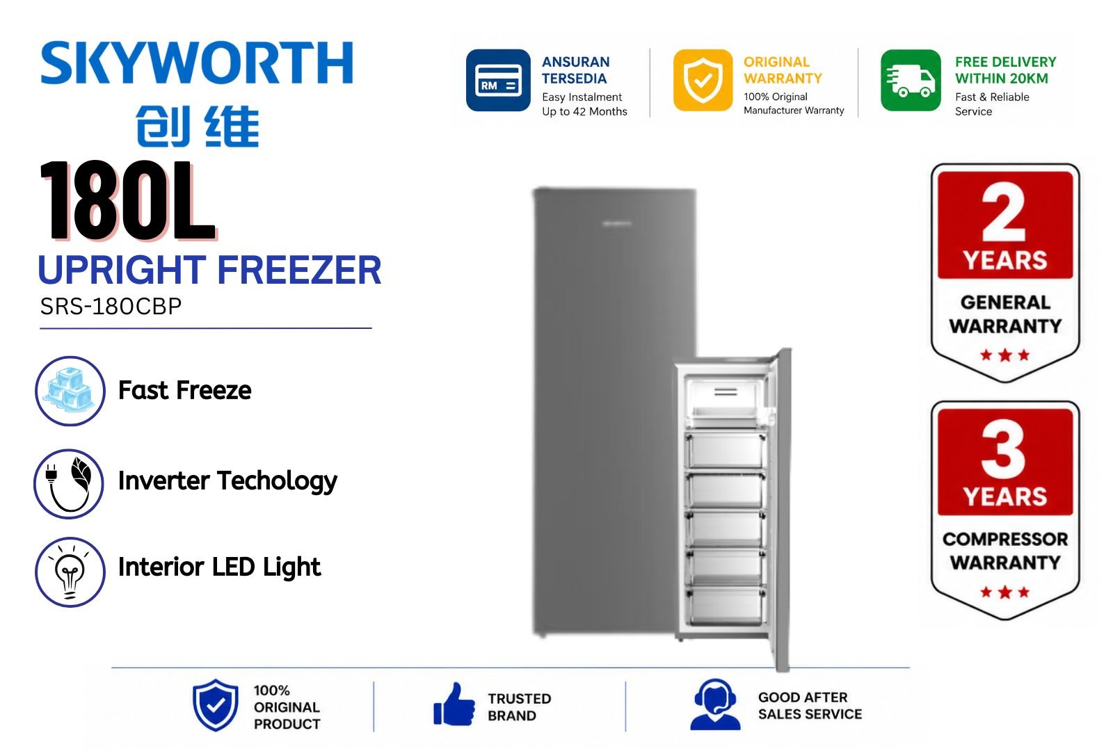 SKYWORTH SRS-180CBP 180L Upright Freezer Inverter No Frost Fast Freeze Energy Saving Vertical Freezer Quiet Operation Malaysia Home & Business Use