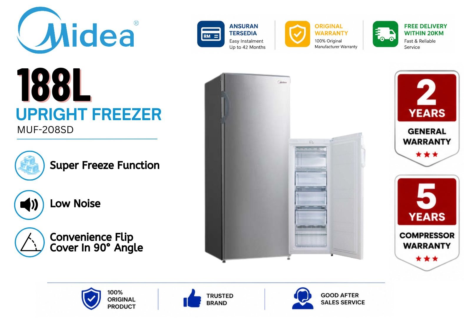 MIDEA MUF-208SD 188L Upright Freezer Powerful Cooling Space Saving Vertical Freezer Energy Saving Fast Freeze Home & Small Business Malaysia