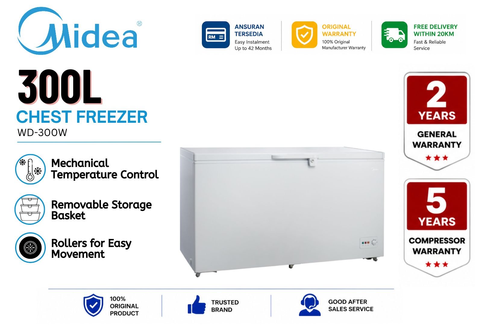 MIDEA WD-300W 300L Chest Freezer Powerful Cooling Energy Saving Fast Freeze Deep Freezer Large Capacity Malaysia Home & Business Use