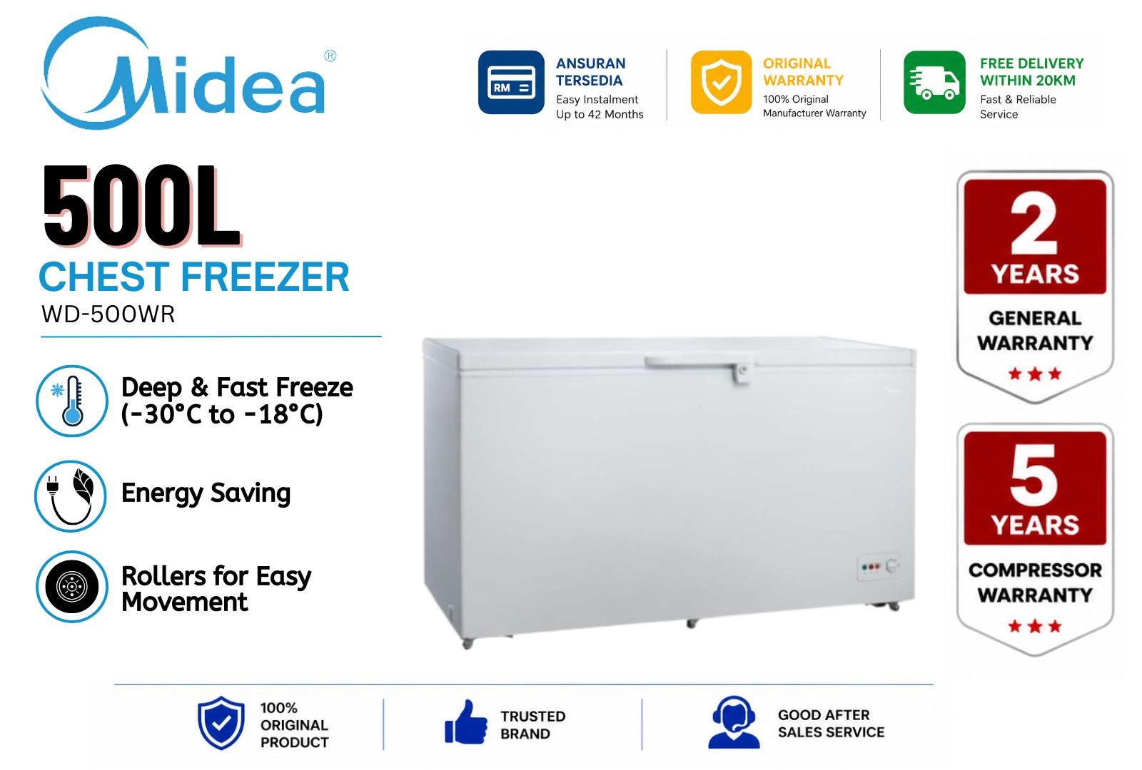 MIDEA WD-500WR 500L Chest Freezer Large Capacity Powerful Cooling Energy Saving Deep Freezer Fast Freeze Commercial & Home Use Malaysia