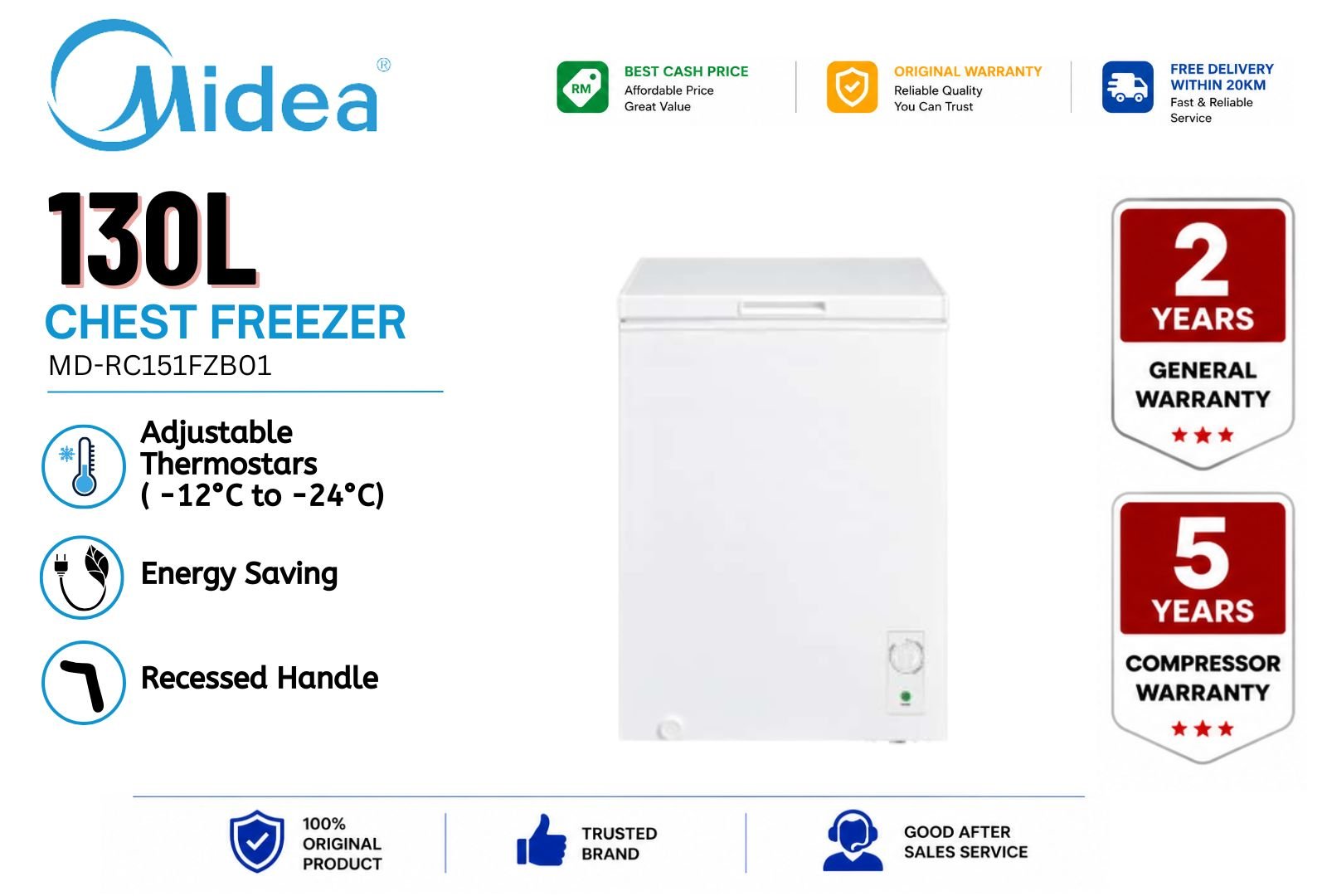 MIDEA MD-RC151FZB01 130L Chest Freezer Powerful Cooling Energy Saving Compact Deep Freezer Fast Freeze Home & Small Business Malaysia