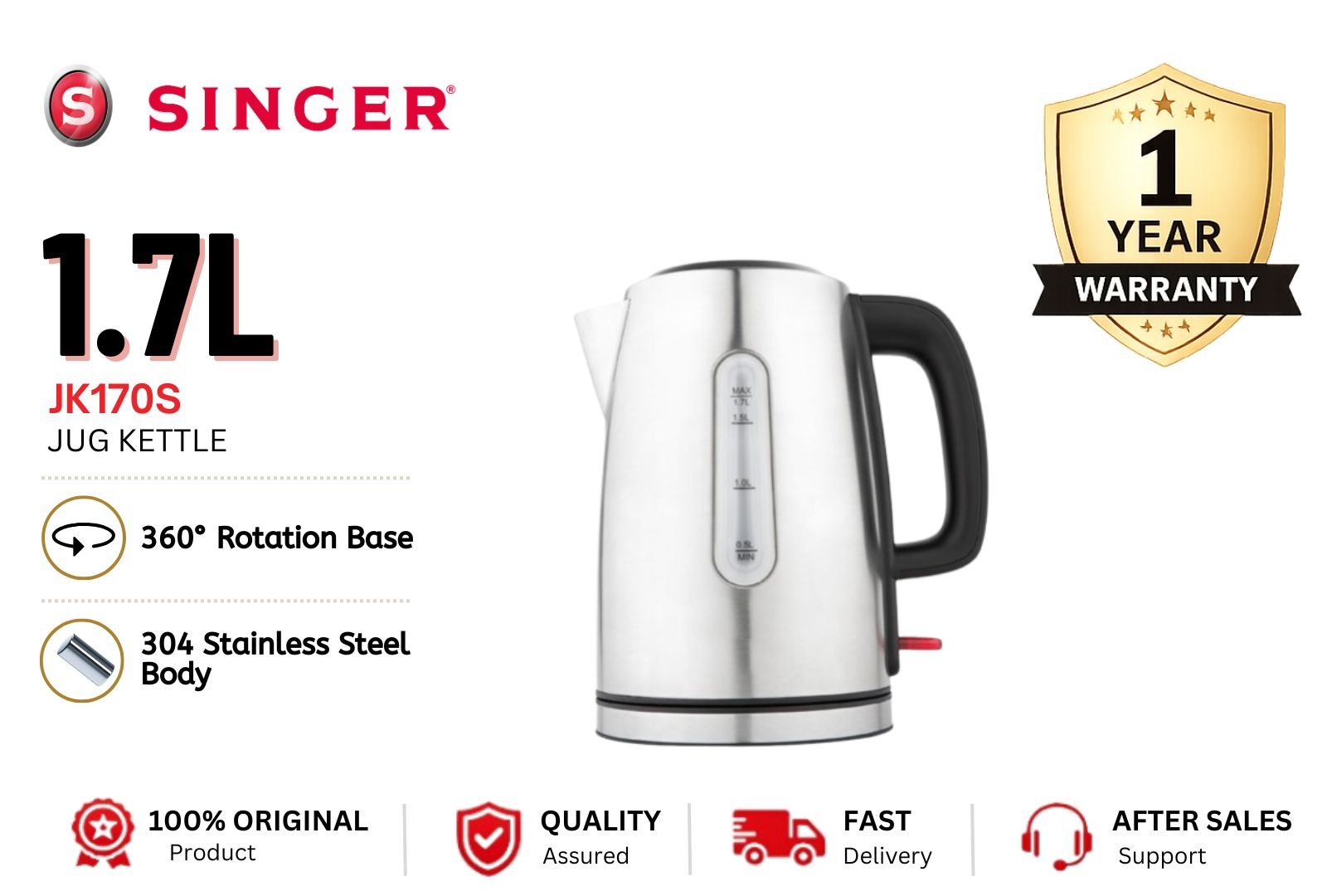 SINGER JK170S 1.7L Electric Jug Kettle Fast Boil Stainless Steel Water Kettle 1850�C2200W Home Office Malaysia Use