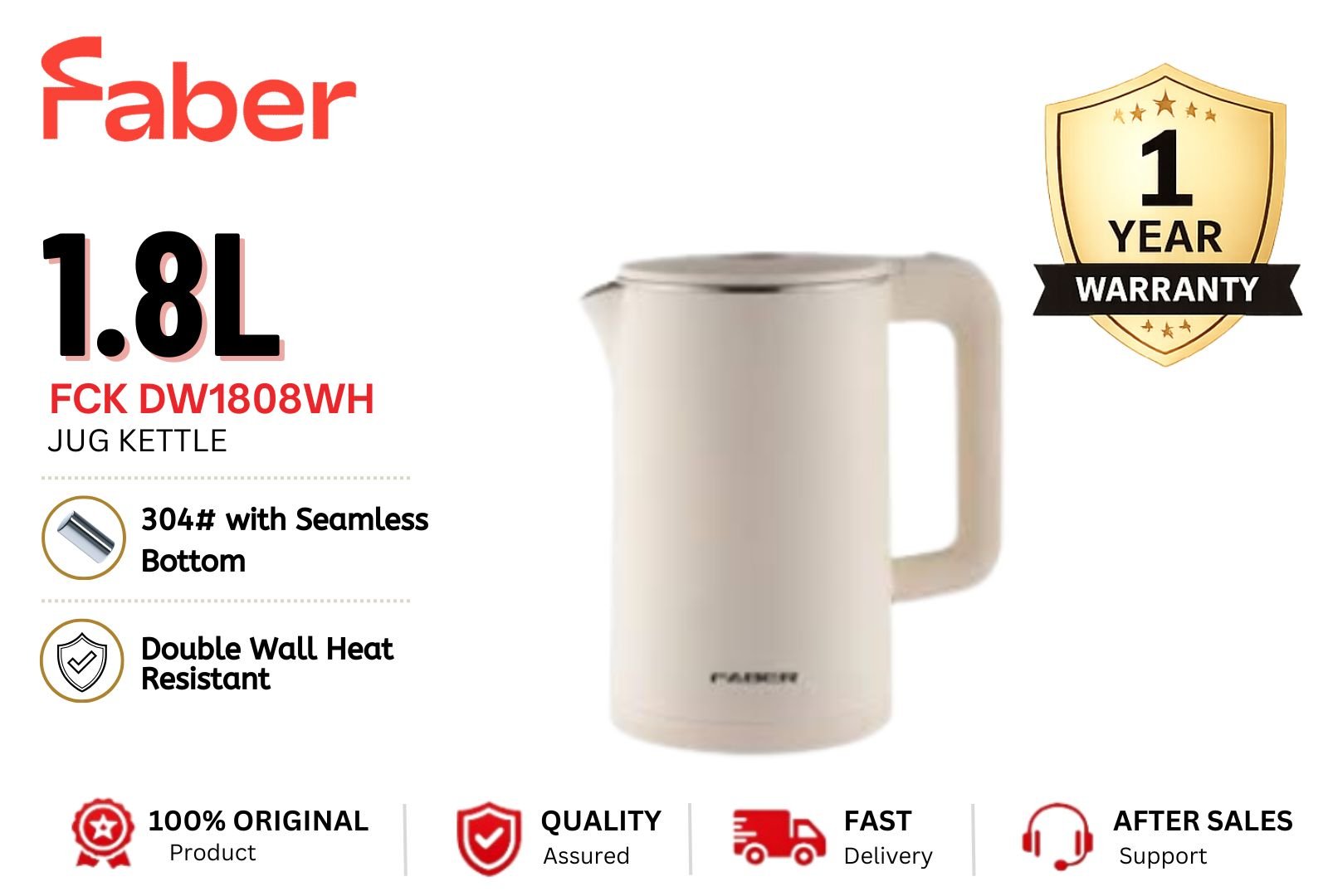 FABER FCK DW1808WH 1.8L Stainless Steel Double Wall Electric Jug Kettle Fast Boil Cool Touch Safe Design Malaysia Home Use