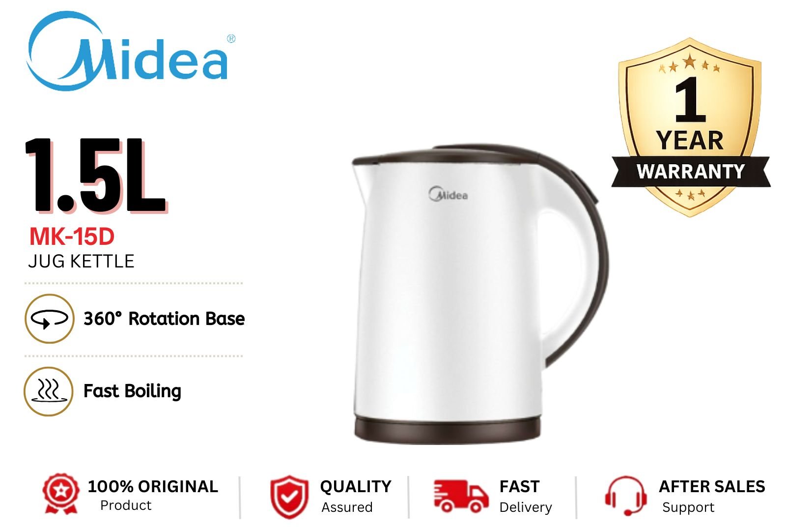 MIDEA MK-15D 1.5L Cool Touch Series Jug Kettle Double Wall Fast Boil Anti-Scald Electric Kettle Malaysia Home Use