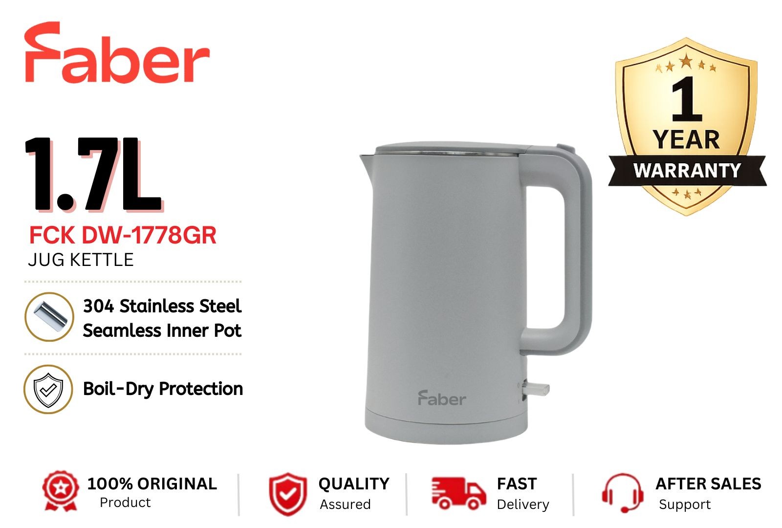 FABER FCK DW-1778GR 1.7L Electric Jug Kettle | Fast Boiling | Auto Shut-Off | 360�� Cordless Base