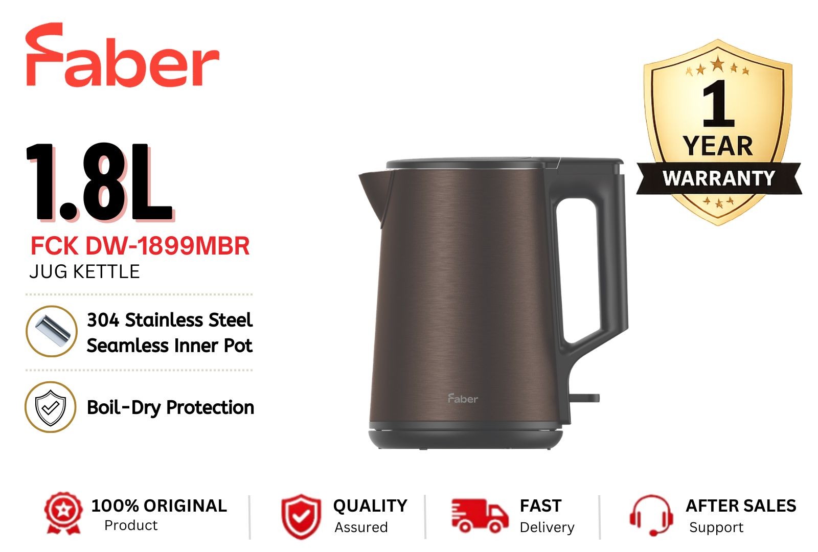 FABER FCK DW-1899MBR 1.8L Jug Kettle | Double Wall Stainless Steel | Fast Boiling | Auto Power Off