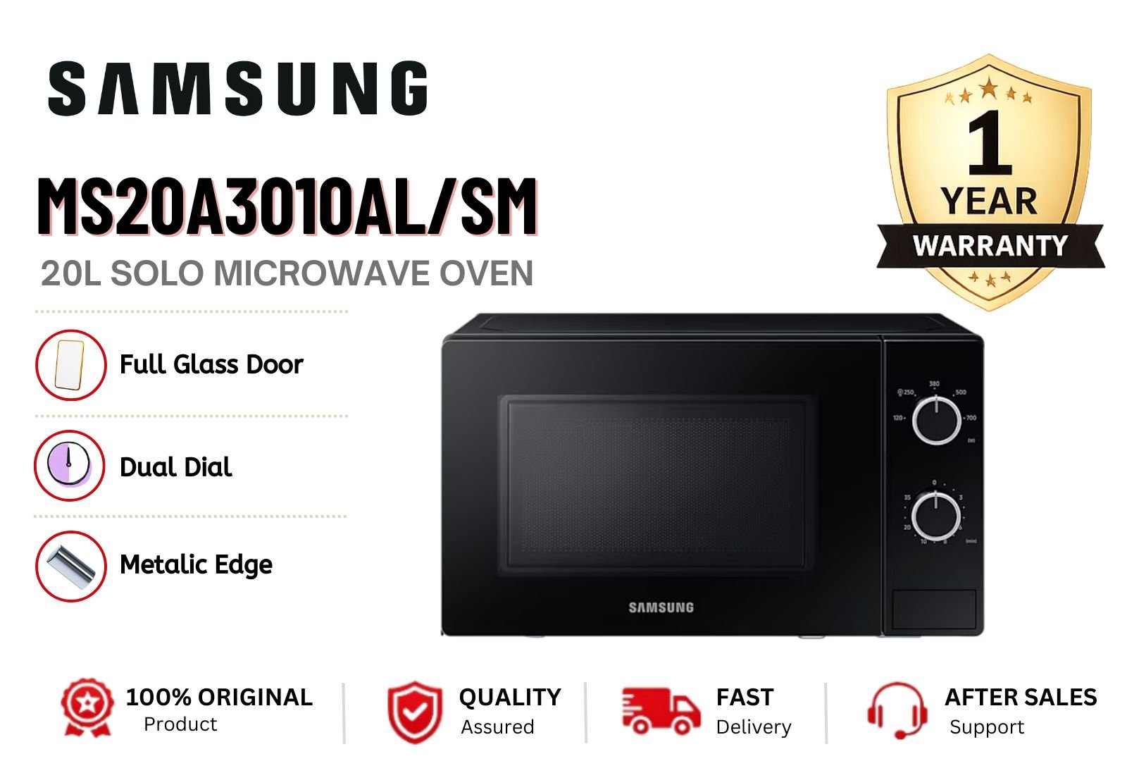 SAMSUNG MS20A3010AL/SM 20L Solo Microwave Oven 700W Full Glass Door Compact Microwave Malaysia