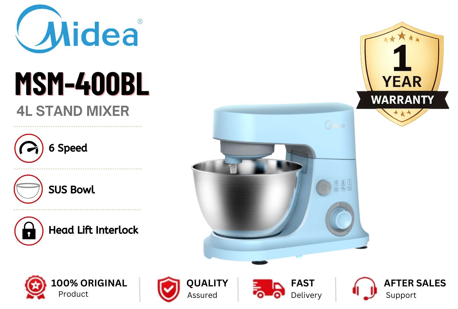 Midea MSM-400BL 4L Stand Mixer 600W �C Compact Heavy Duty Cake Mixer with Stainless Steel Bowl & 6 Speed Control Malaysia