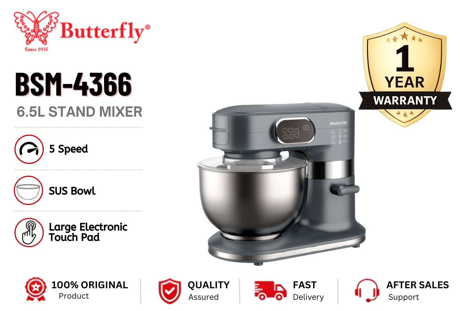 Butterfly BSM-4366 6.5L Stand Mixer 1000W Heavy Duty Cake Mixer �C Stainless Steel Bowl 5 Speed Baking Mixer Malaysia