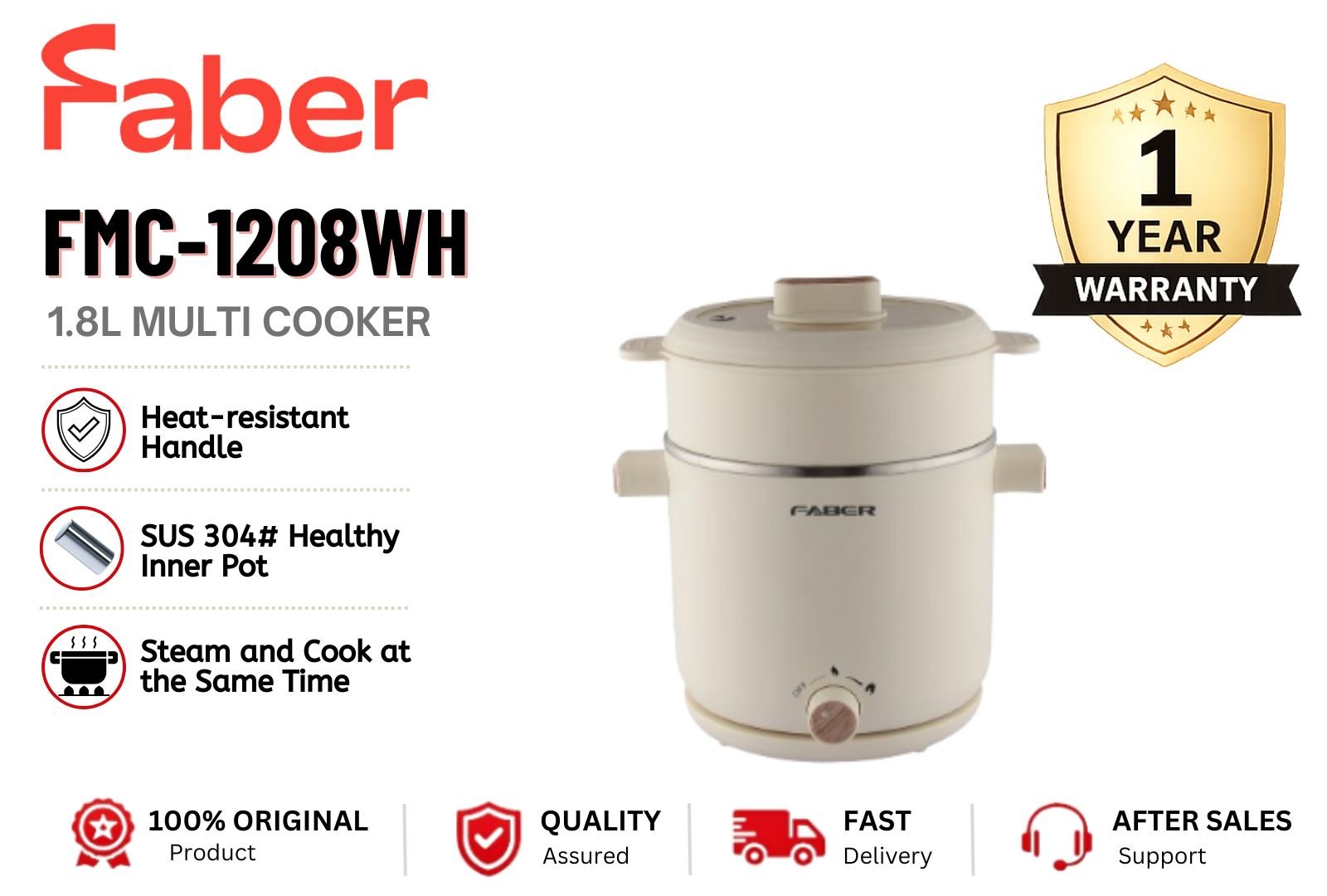 Faber FMC-1208WH Multi Cooker �C Multi-Function Electric Cooker with Non-Stick Pot & Fast Cooking Malaysia