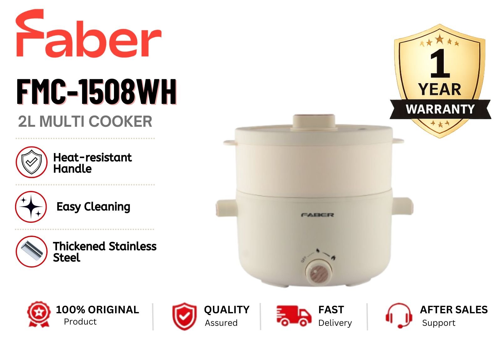 Faber FMC-1508WH 2L Multi Cooker �C Compact Electric Cooking Pot for Rice, Soup & Steaming Malaysia