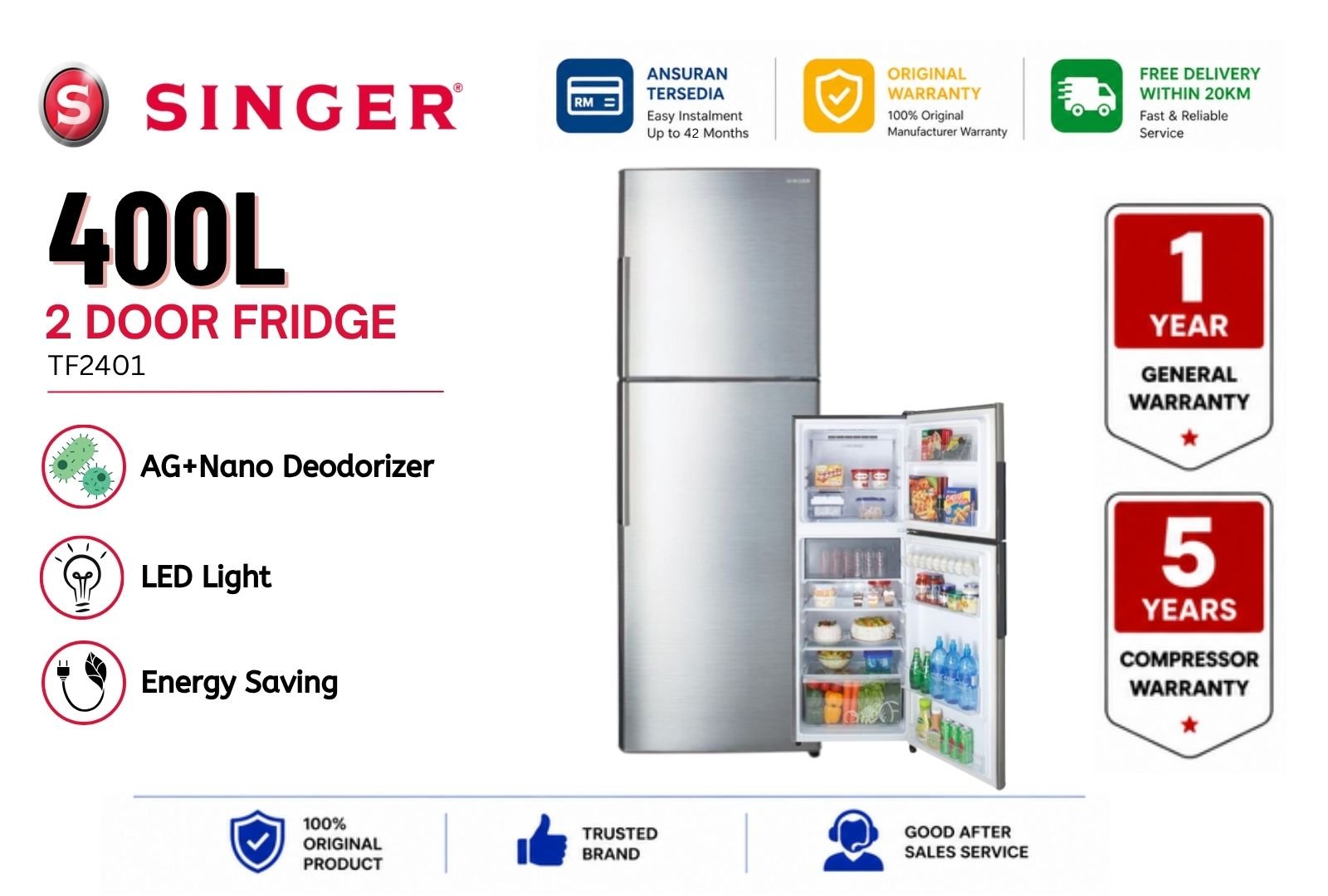 Singer TF2401 400L 2Door Fridge|Inverter Frost Free Top Mount Fridge Malaysia | Large Capacity