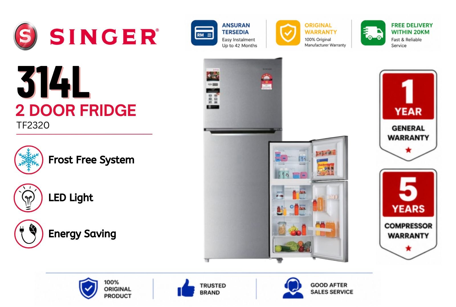 Singer TF2320 314L 2Door Fridge|Frost Free Top Mount Fridge Malaysia | Multi Air Flow Large Capacity
