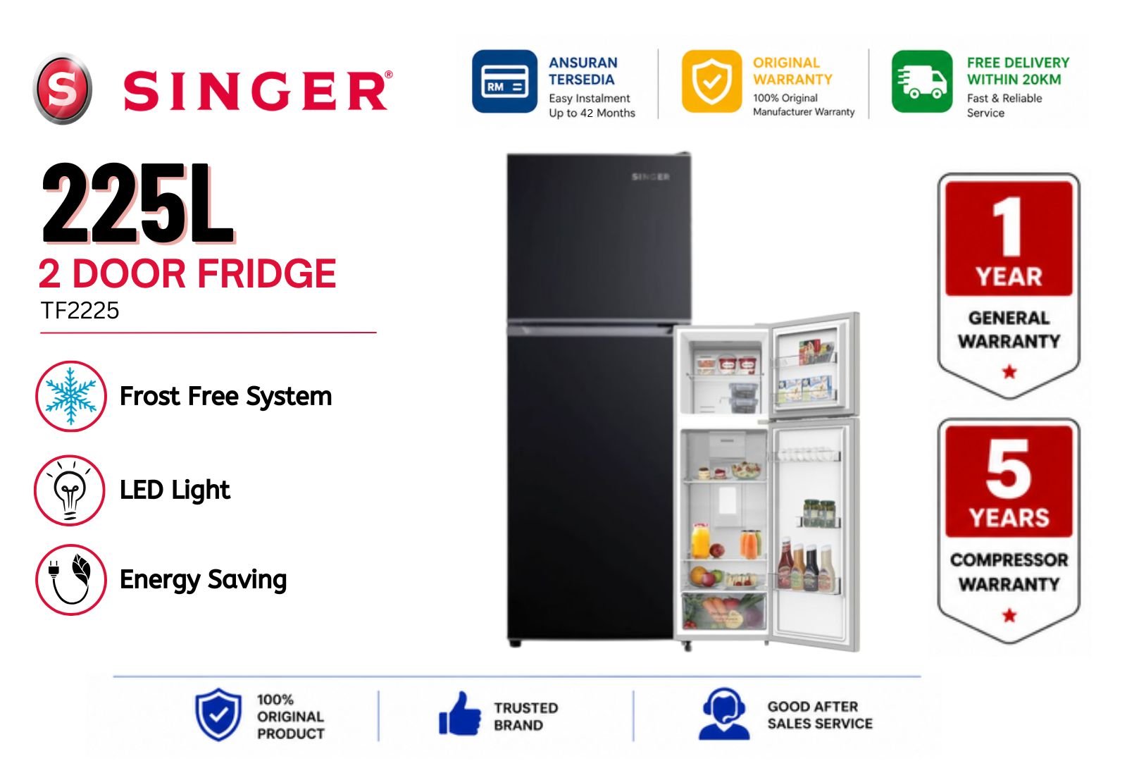 Singer TF2225 225L 2Door Fridge|Frost Free Top Mount Fridge Malaysia | Multi Air Flow Large Capacity