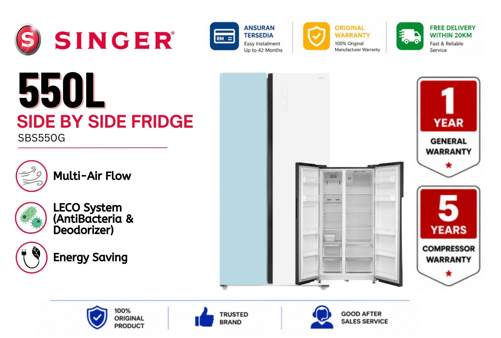 Singer SBS550G 550L Side by Side Refrigerator �C Inverter No Frost Glass Door Fridge Malaysia