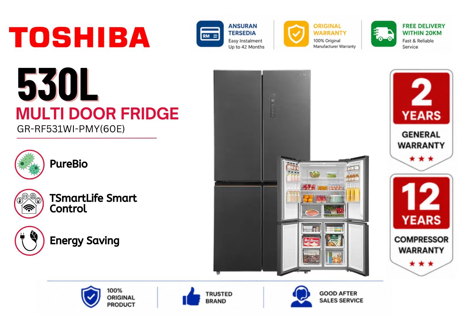 Toshiba GR-RF531WI-PMY(60E) 530L Multi Door Refrigerator �C Inverter No Frost Fridge Malaysia