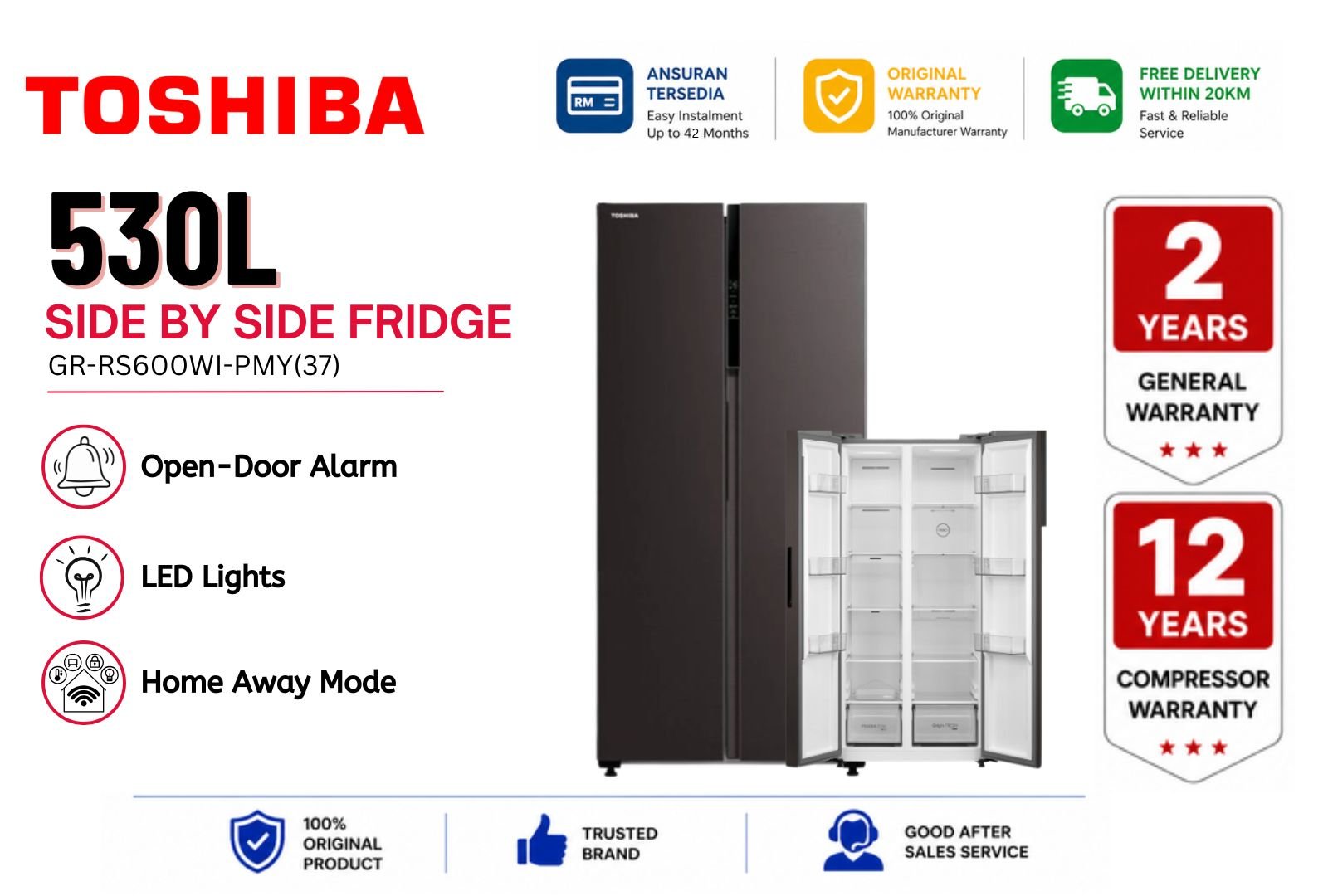 Toshiba GR-RS600WI-PMY(37) 530L Side-by-Side Refrigerator �C Inverter No Frost Fridge Malaysia