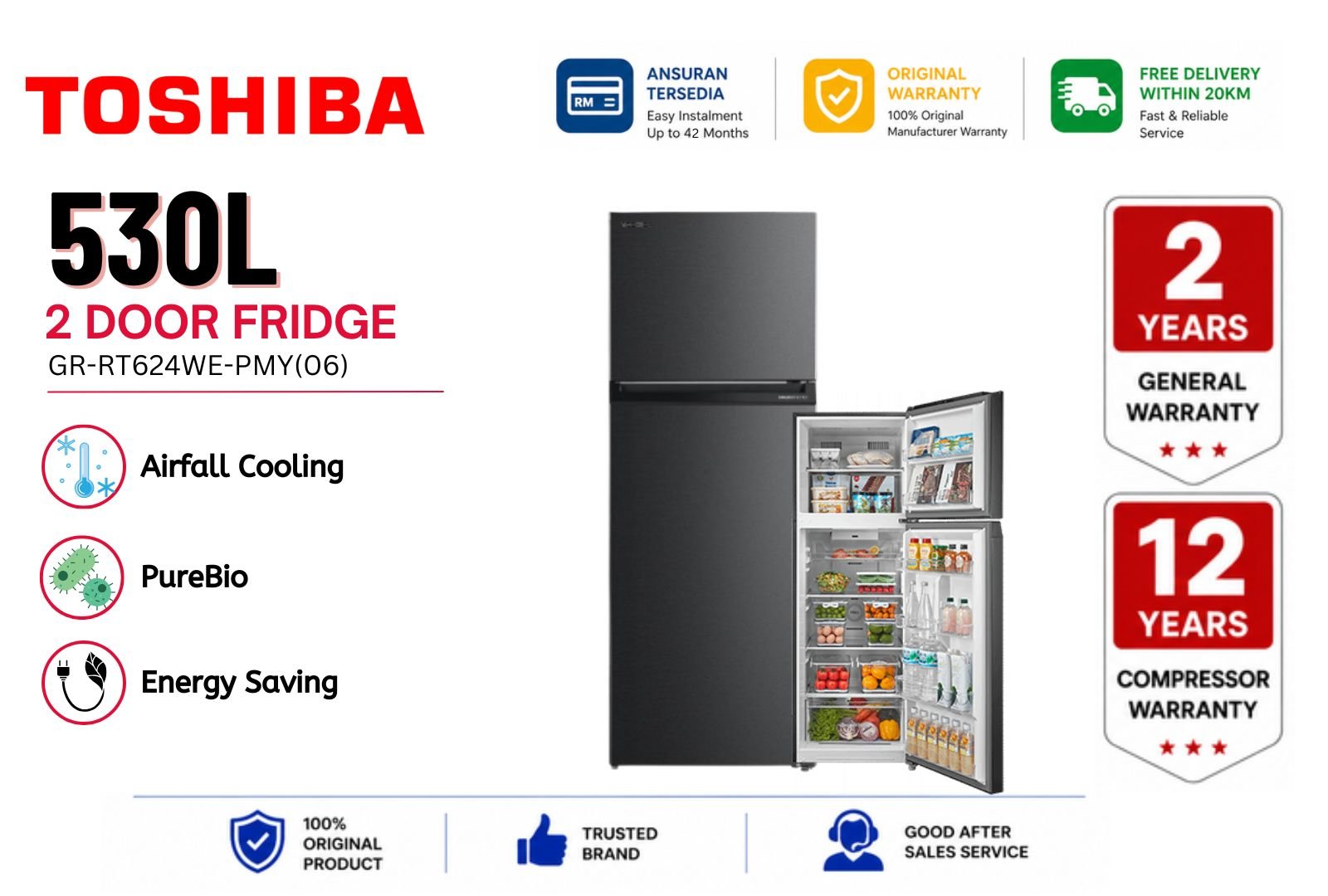 Toshiba GR-RT349WE-PMY(57) 530L 2 Door Refrigerator | Inverter No Frost Top Mount Fridge Malaysia | Large Family Energy Saving Peti Sejuk Premium Big Capacity Buy Now