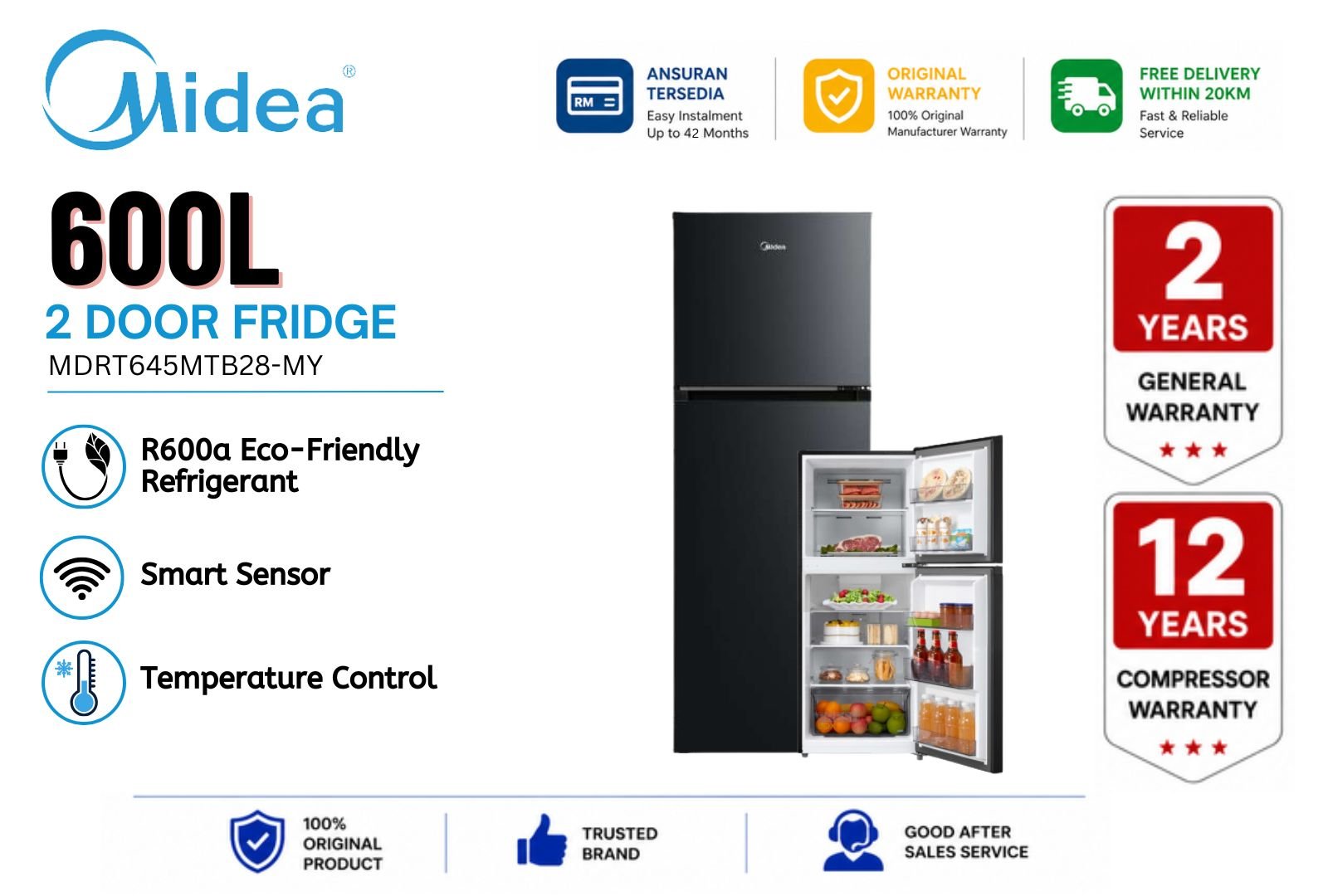 Midea MDRT645MTB28-MY 600L 2 Door Fridge | Inverter No Frost Refrigerator Malaysia | Large Capacity Family Top Mount Fridge Energy Saving Big Storage Peti Sejuk Premium