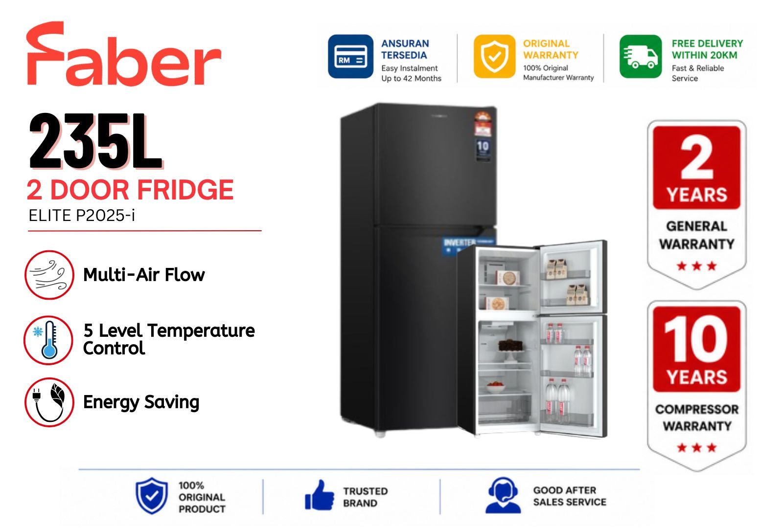 Faber Elite P2025-i 235L 2 Door Refrigerator | Inverter No Frost Energy Saving Fridge Malaysia | Compact Family Peti Sejuk Fast Cooling & Reliable Performance
