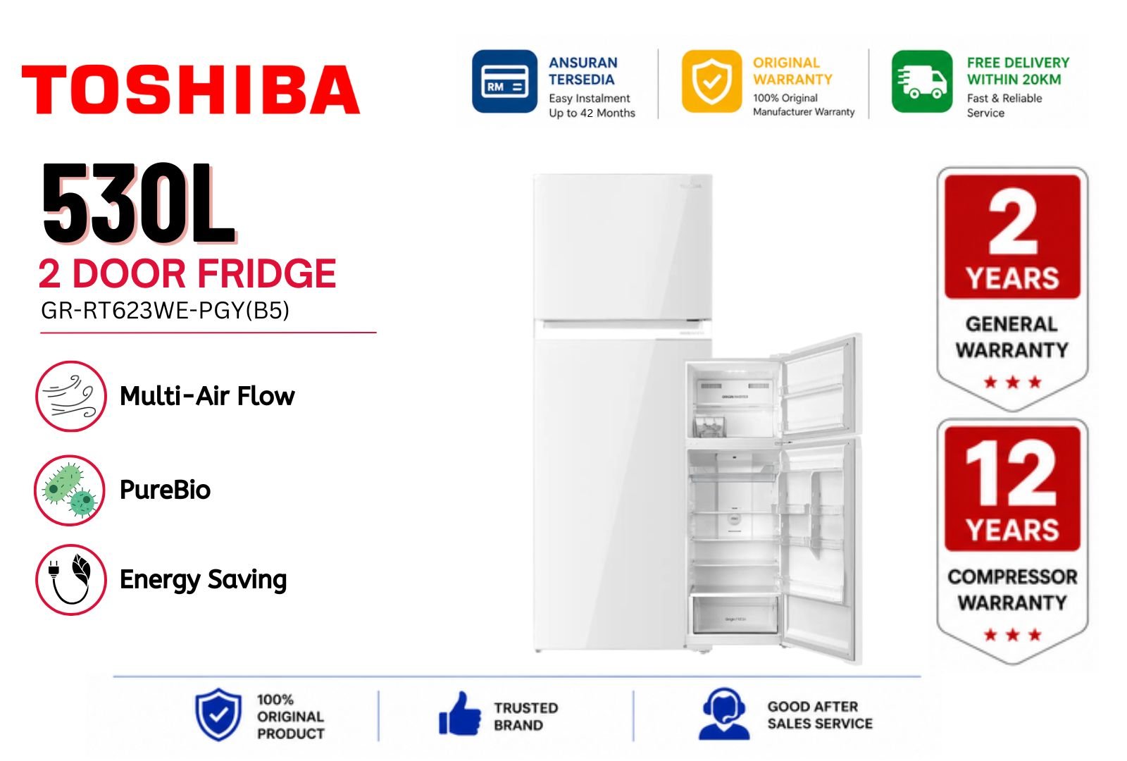 Toshiba 530L 2 Door Fridge GR-RT623WE-PGY(B5) | PureBIO Inverter No Frost Refrigerator Malaysia | Large Family Peti Sejuk Premium Energy Saving Big Capacity