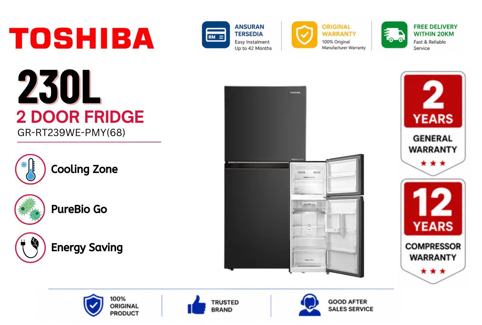 Toshiba 230L 2 Door Inverter Fridge GR-RT239WE-PMY(68) | NaturePURE Series No Frost Refrigerator Malaysia | Compact Energy Saving Family Peti Sejuk with PureBIO & Multi Air Flow