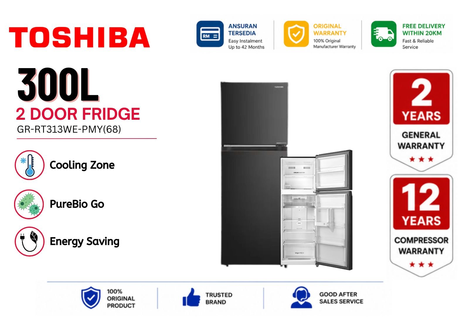 Toshiba 300L 2 Door Inverter Fridge GR-RT313WE-PMY(68) | NaturePURE Series No Frost Refrigerator Malaysia | Energy Saving Family Size Top Freezer Peti Sejuk Premium