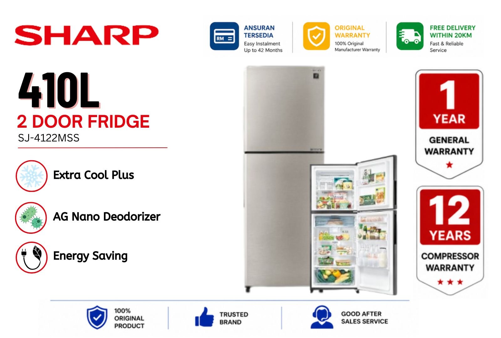 Sharp 410L 2 Door Fridge SJ-4122MSS | J-Tech Inverter No Frost Refrigerator Malaysia | Family Size Energy Saving Top Freezer Peti Sejuk with Plasmacluster & AG+ Deodorizer