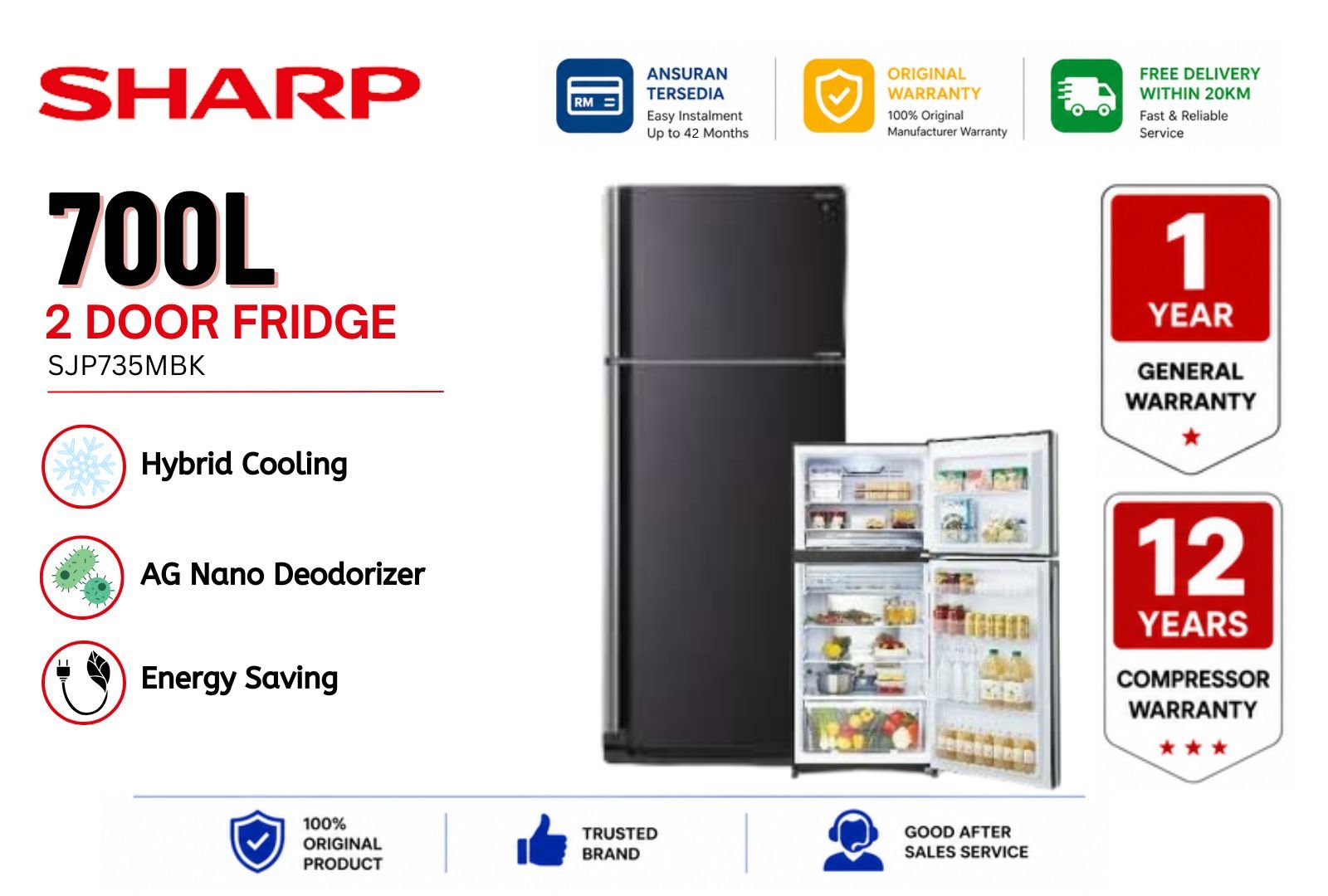 Sharp 700L 2 Door Fridge SJP735MBK | Extra Large Capacity Inverter Refrigerator Malaysia | Premium Family Size Top Freezer Peti Sejuk with AG+ Nano Deodorizer & Plasmacluster Ion