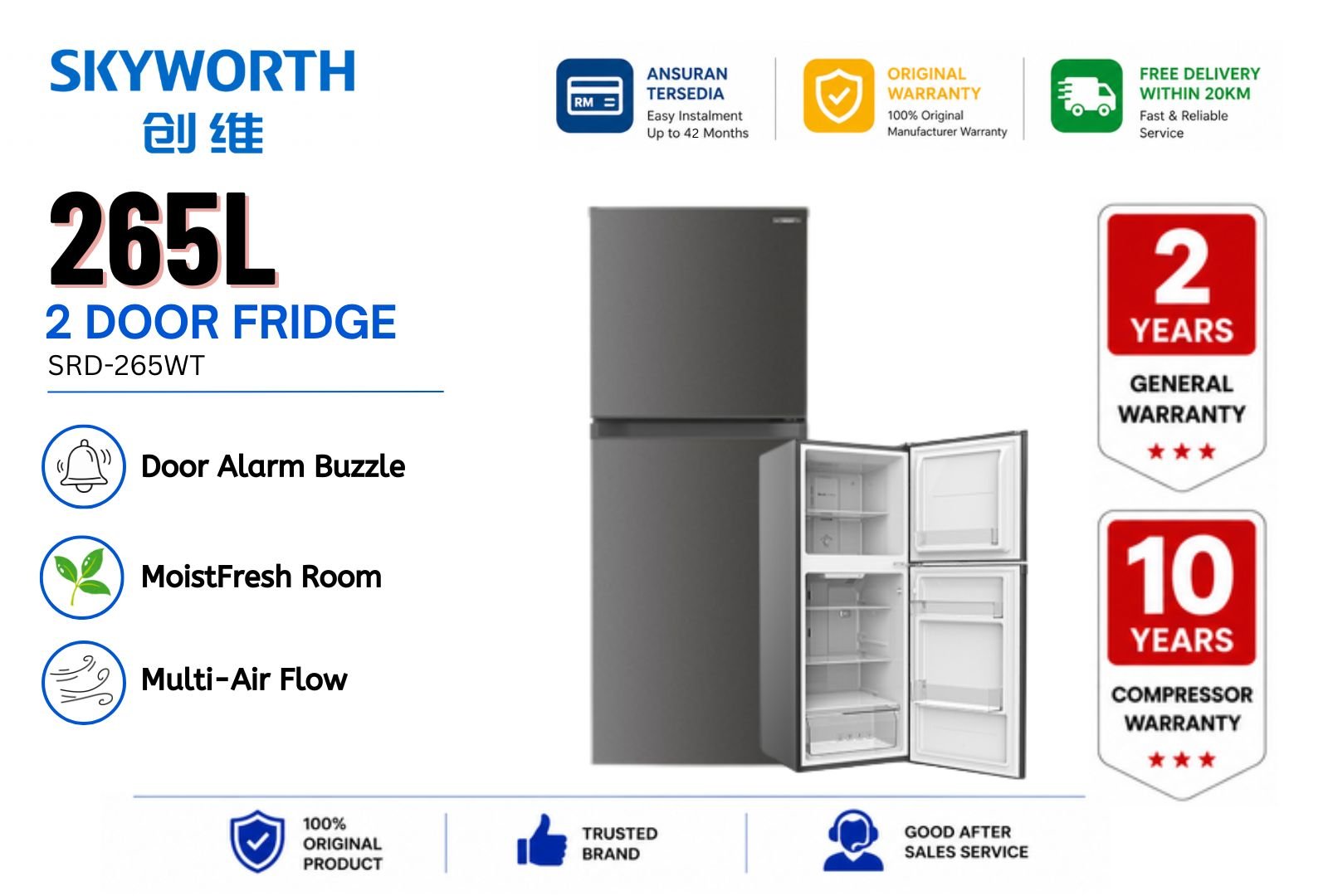 Skyworth 265L 2 Door Fridge SRD-265WT | Inverter No Frost Refrigerator Malaysia | Medium Size Energy Saving Top Freezer Peti Sejuk for Small Family & Apartment