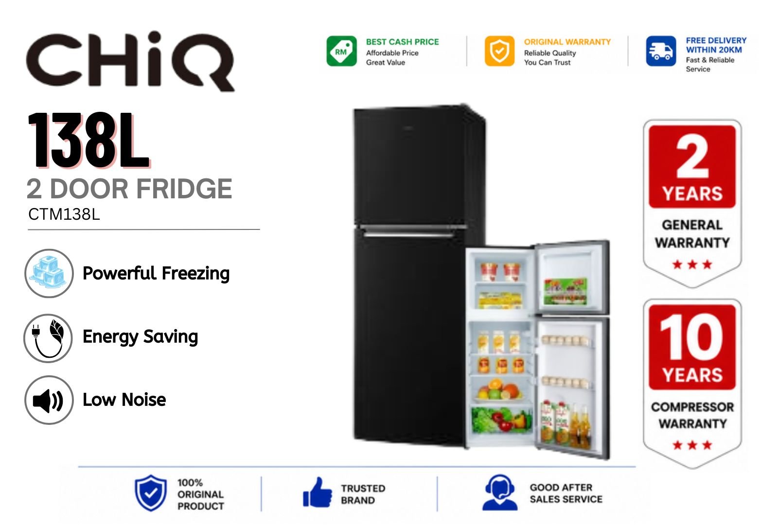 CHiQ 138L 2 Door Fridge CTM138L | Compact Mini Inverter Refrigerator Malaysia | Small Space Energy Saving Top Freezer Peti Sejuk for Bedroom, Office & Apartment