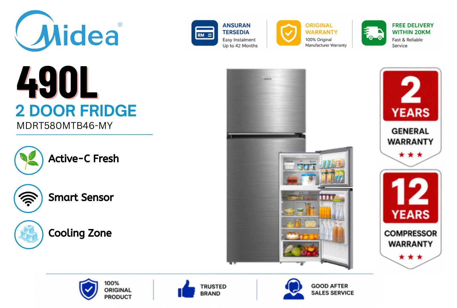 Midea 490L 2 Door Fridge MDRT580MTB46-MY | Large Capacity Inverter No Frost Refrigerator Malaysia | Big Family Energy Saving Top Freezer Peti Sejuk Premium