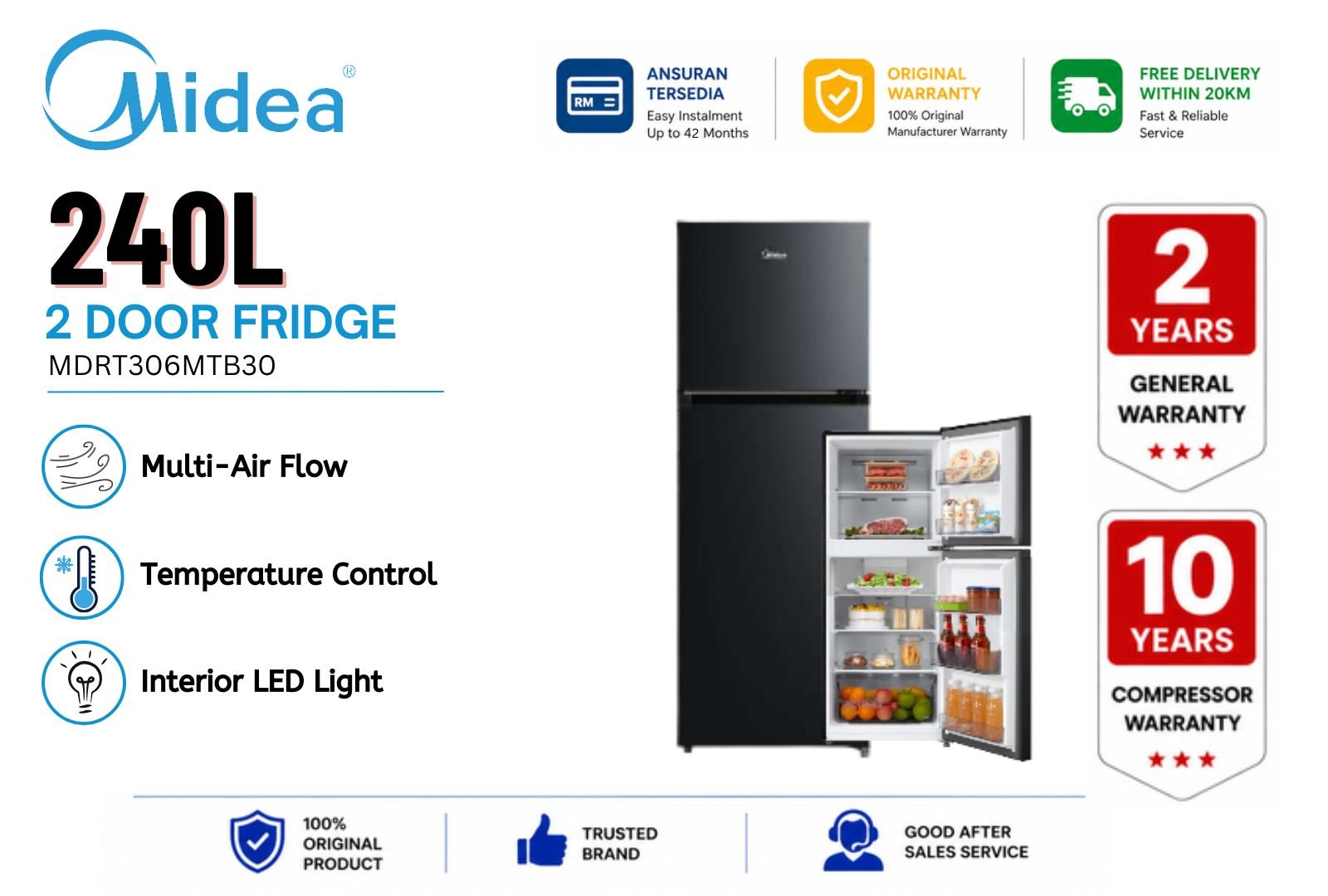 Midea 240L 2 Door Fridge MDRT306MTB30 | Inverter No Frost Refrigerator Malaysia | Medium Size Energy Saving Top Freezer Peti Sejuk for Small Family & Apartment