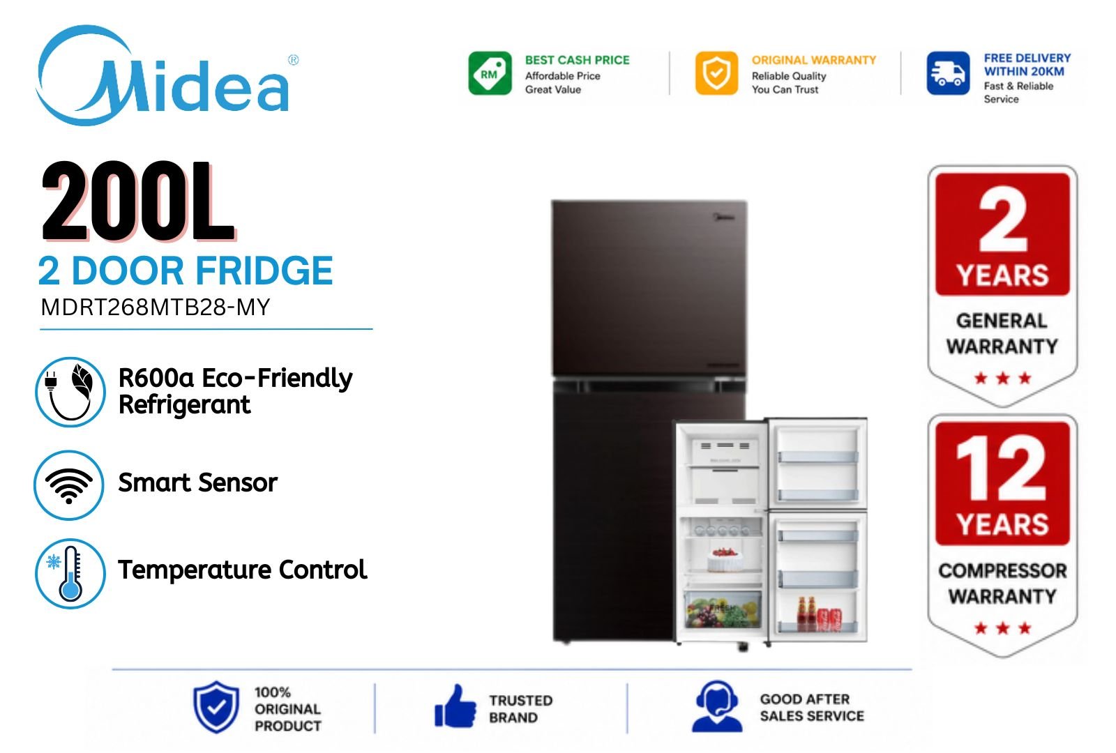 Midea 200L 2 Door Fridge MDRT268MTB28-MY | Compact Inverter No Frost Refrigerator Malaysia | Energy Saving Top Freezer Peti Sejuk Small Family & Apartment Use
