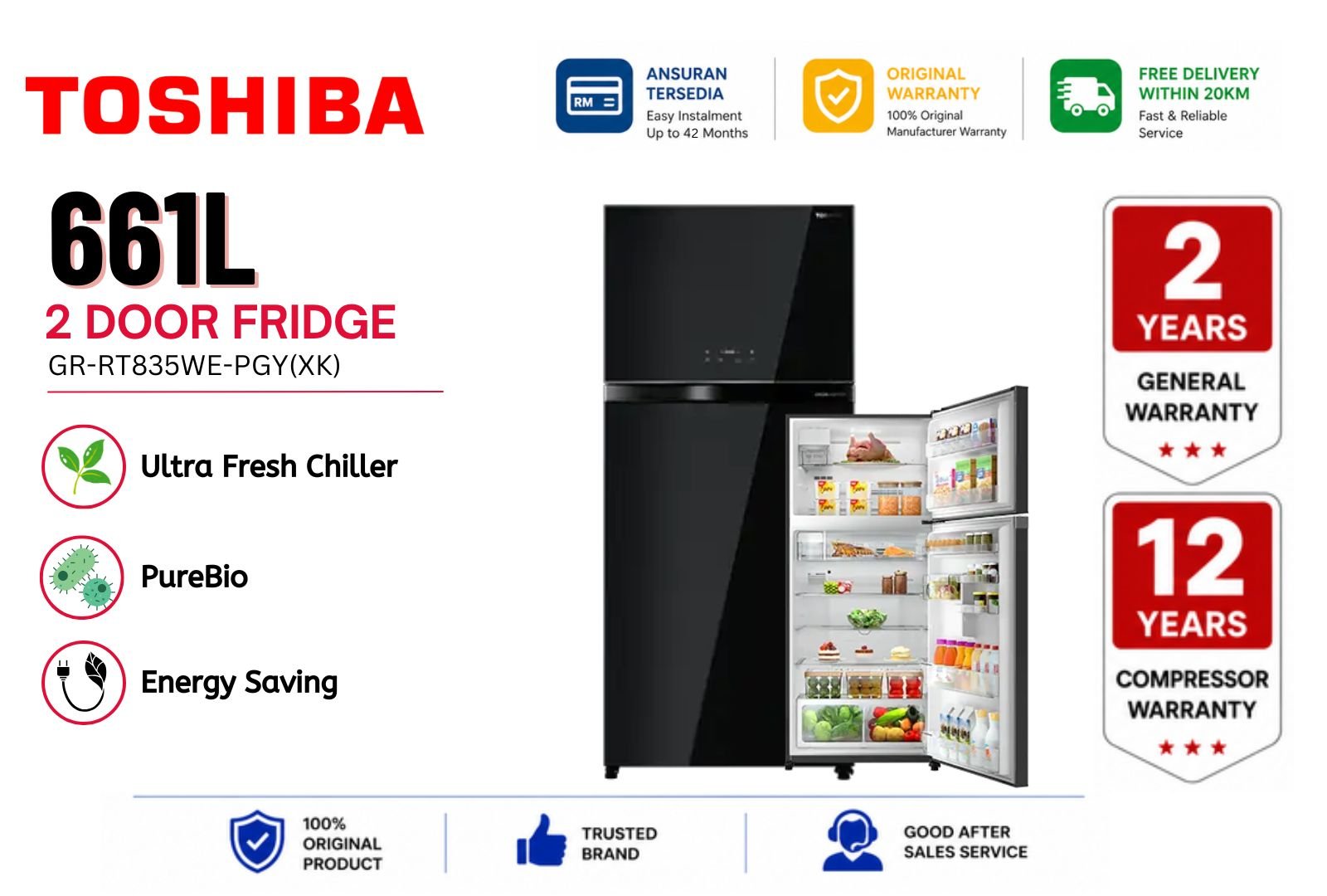 Toshiba 661L 2 Door Fridge GR-RT835WE-PGY(XK) | Extra Large Capacity Inverter No Frost Refrigerator Malaysia | Premium Big Family Energy Saving Top Freezer Fridge