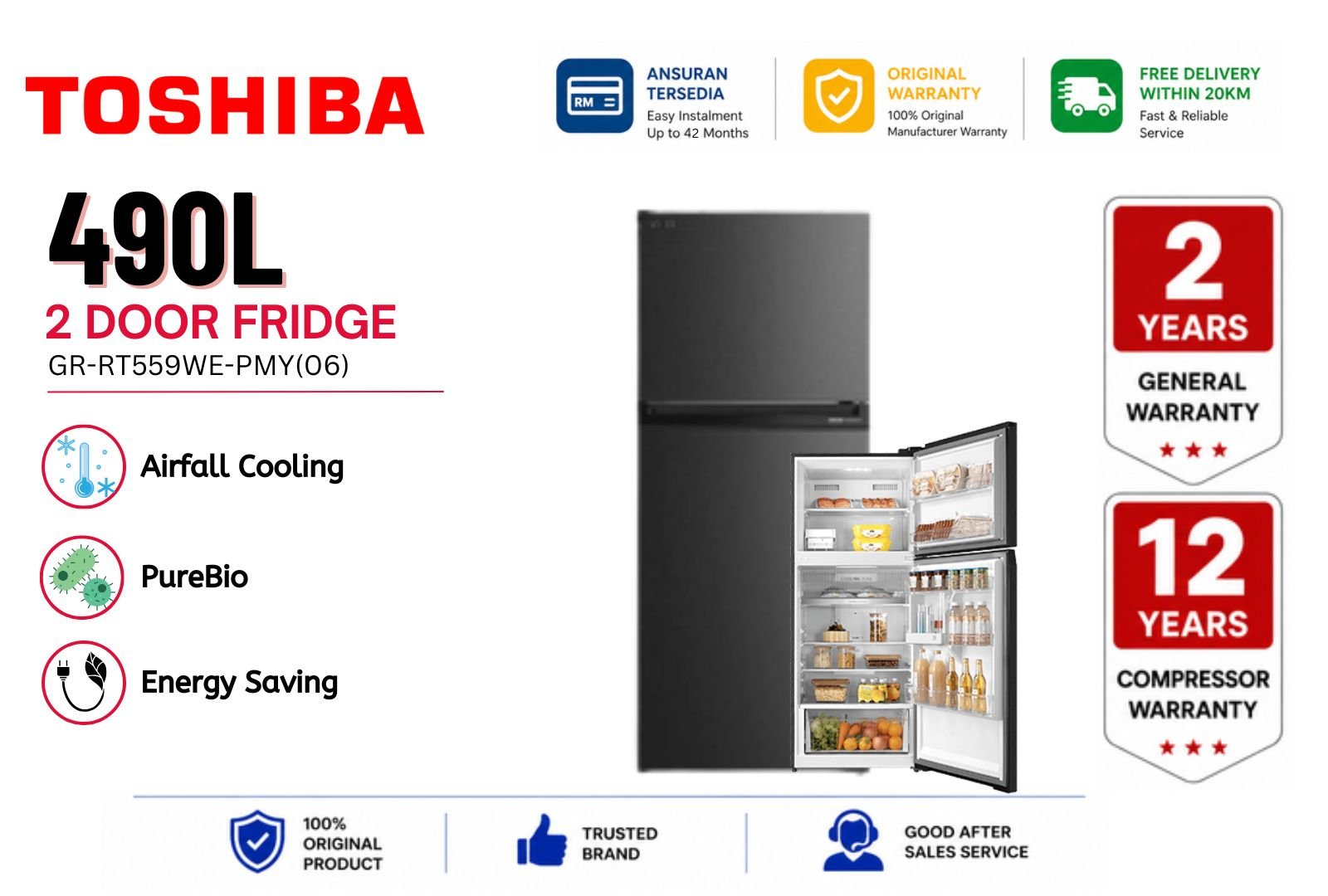 Toshiba 490L 2 Door Fridge GR-RT559WE-PMY(06) | Large Capacity Inverter No Frost Refrigerator Malaysia | Big Family Energy Saving Premium Top Freezer Fridge
