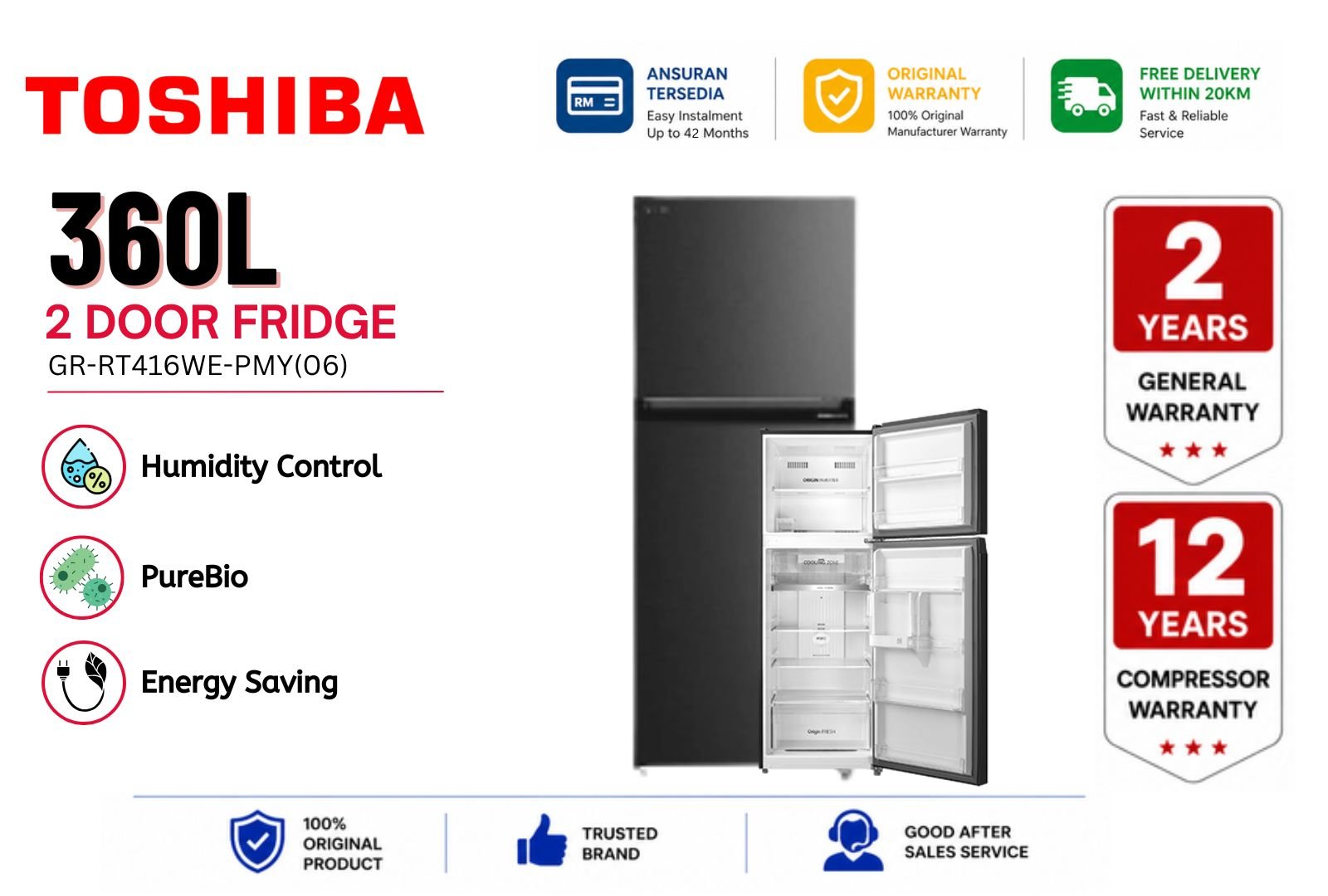Toshiba GR-RT416WE-PMY(06) 360L 2-Door Refrigerator �C Origin Inverter No Frost Top Freezer Malaysia