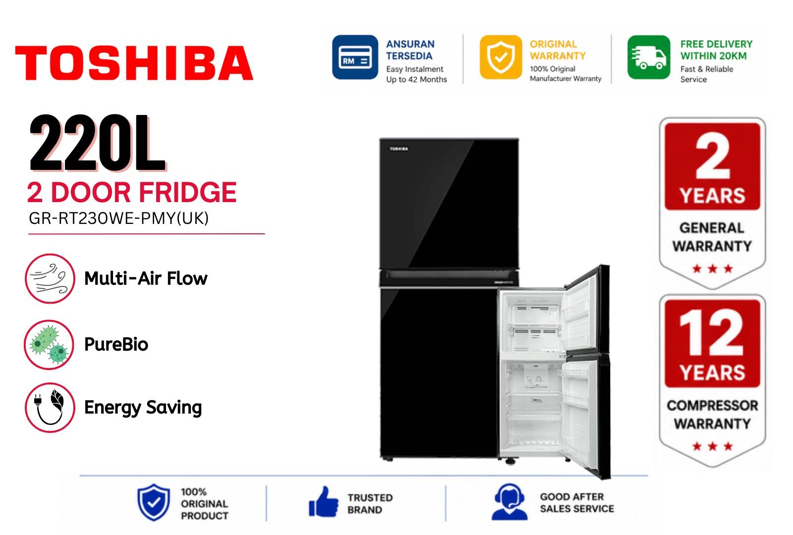 Toshiba GR-RT230WE-PMY(UK) 220L 2-Door Refrigerator �C Digital Inverter No Frost Top Freezer Malaysia