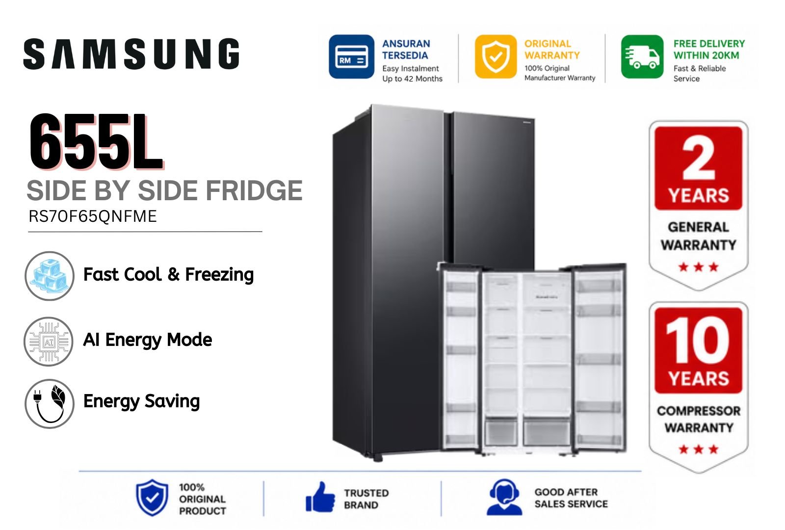 Samsung RS70F65QNFME 655L Side By Side Refrigerator �C SmartThings AI Energy Inverter No Frost Fridge Malaysia