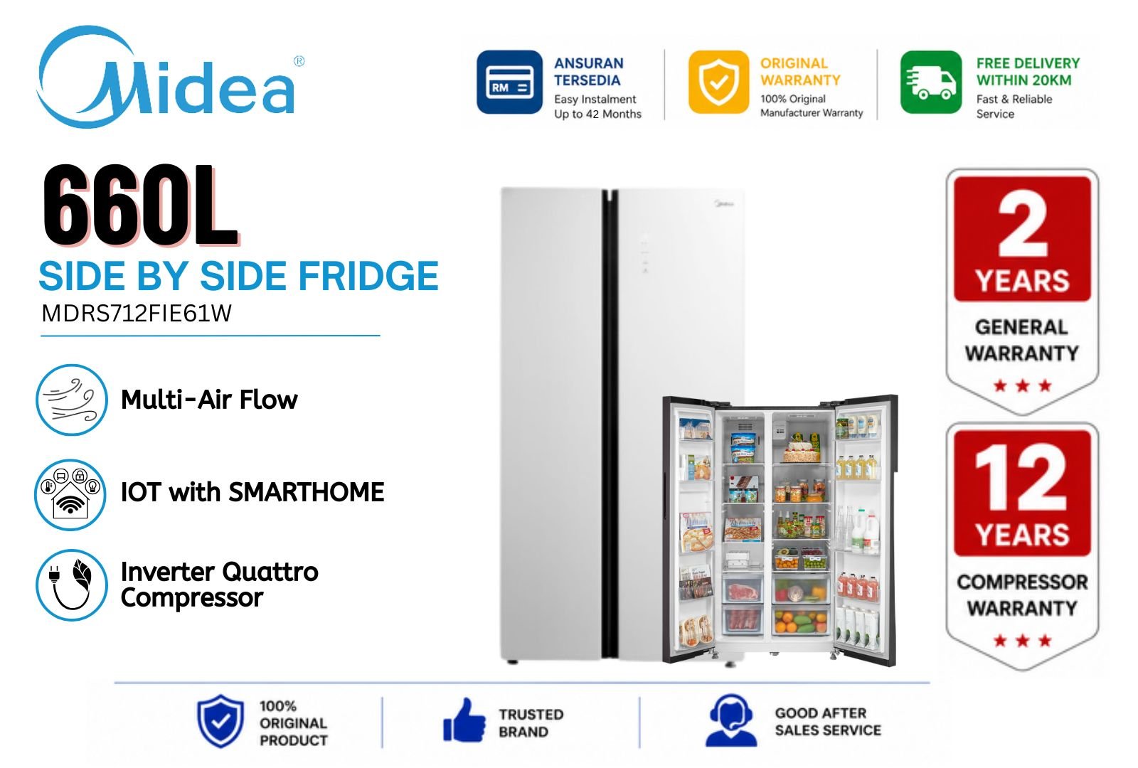 Midea MDRS712FIE61W 660L Side by Side Refrigerator White �C Inverter No Frost Smart Fridge Malaysia