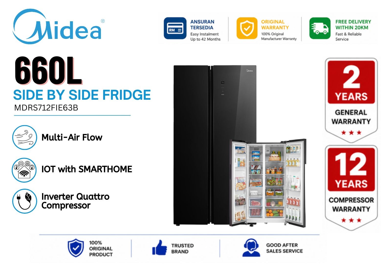 MIDEA MDRS712FIE63B 660L Side by Side Refrigerator | Inverter | No Frost | Spacious Family Fridge