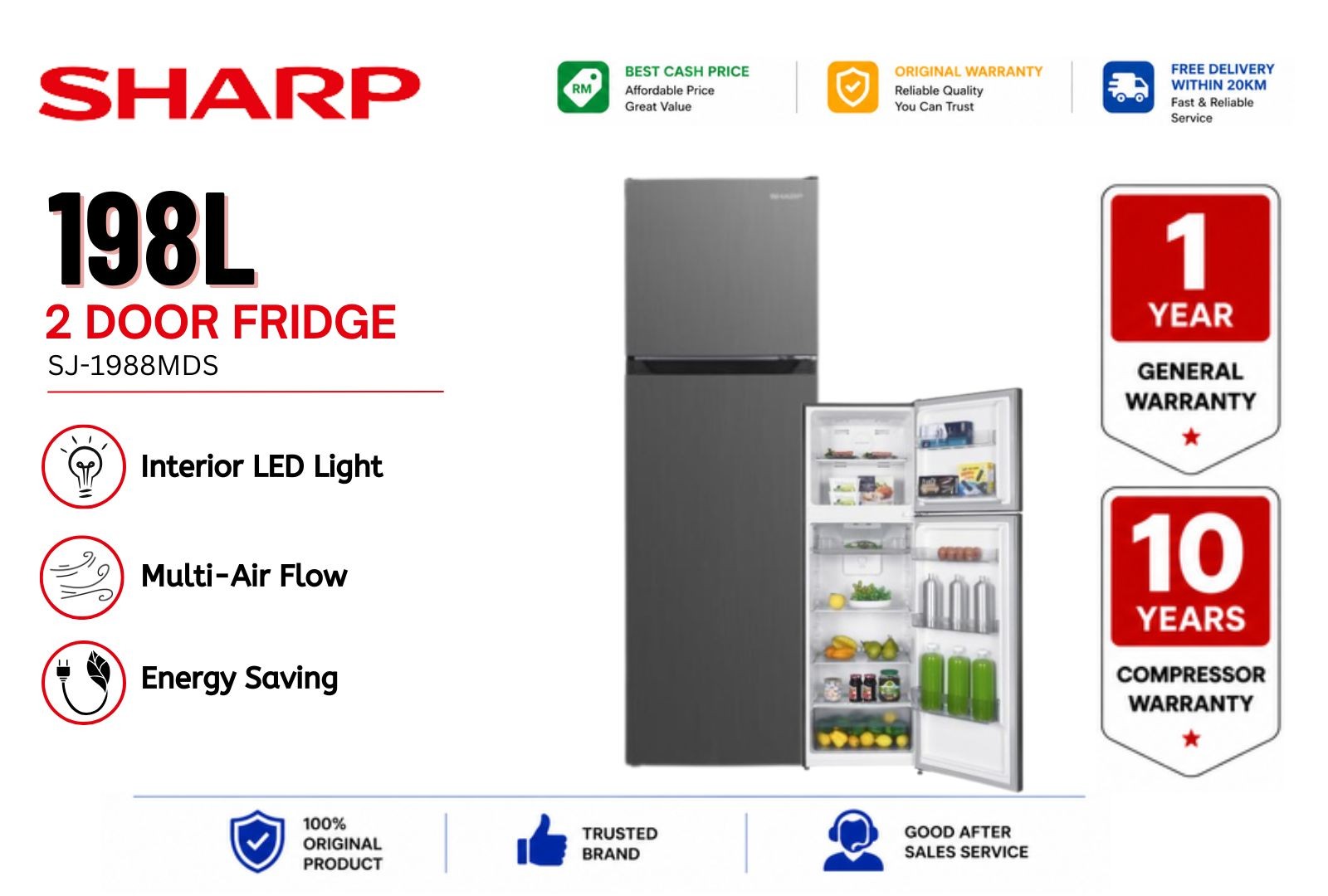 SHARP SJ1988MDS 198L 2 Door Refrigerator | Energy Saving | Spacious Freezer | Modern Compact Fridge 