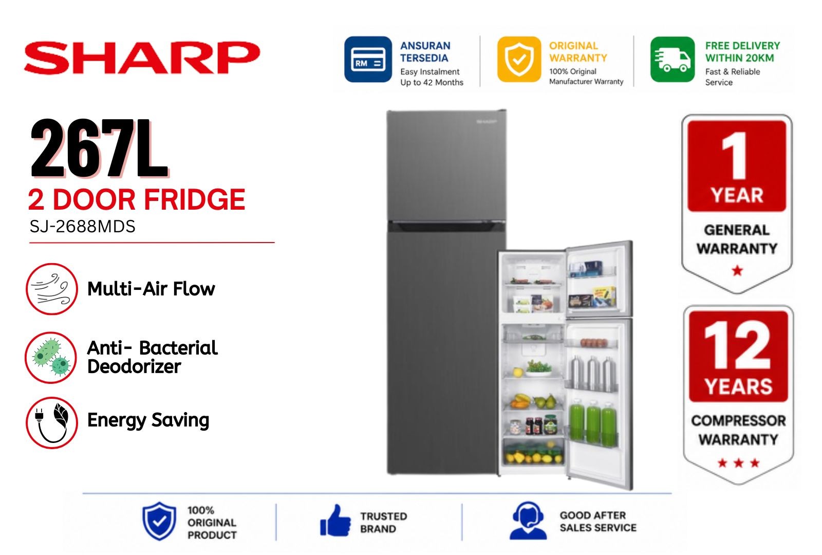 SHARP SJ-2688MDS 267L 2 Door Refrigerator | Energy Saving | Spacious Freezer | Fresh Food Storage 