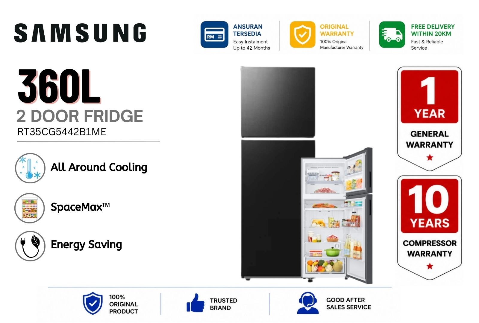 Samsung RT35CG5442B1ME 360L 2 Door Refrigerator | SpaceMax™ | Optimal Fresh+ | Digital Inverter 