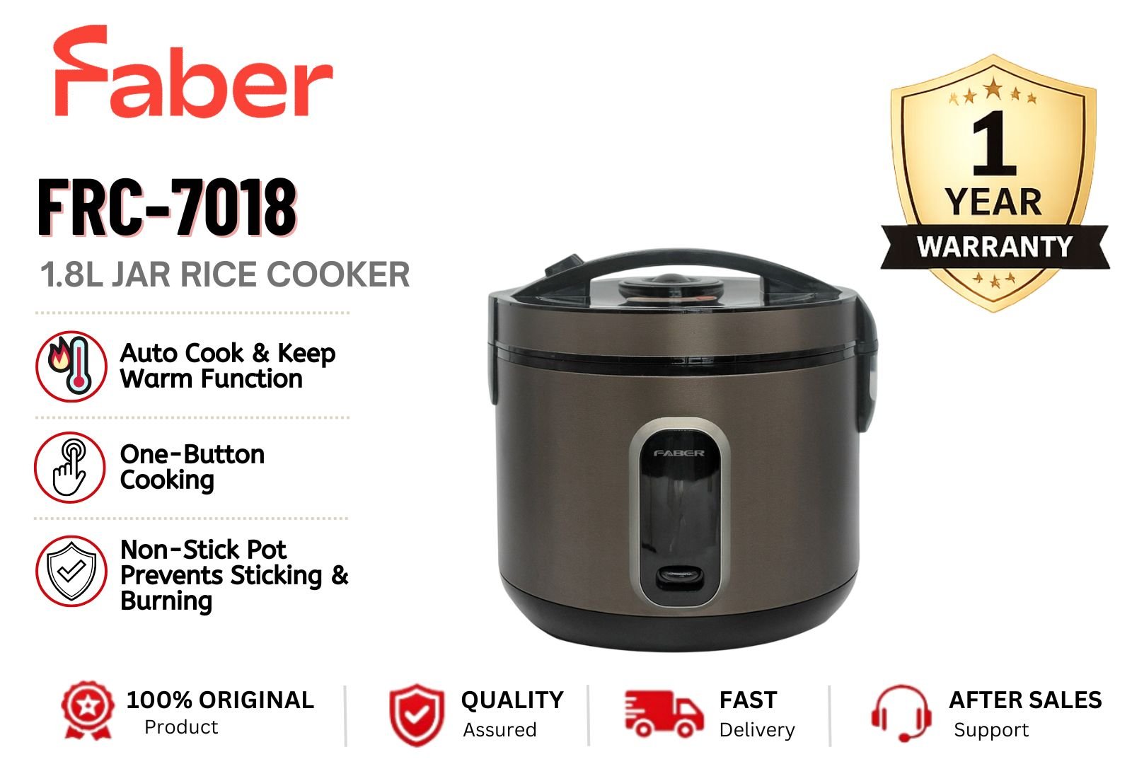 Faber 1.8L Jar Rice Cooker FRC-7018 �C Non-Stick Inner Pot | Auto Cook & Keep Warm | Family Size Rice