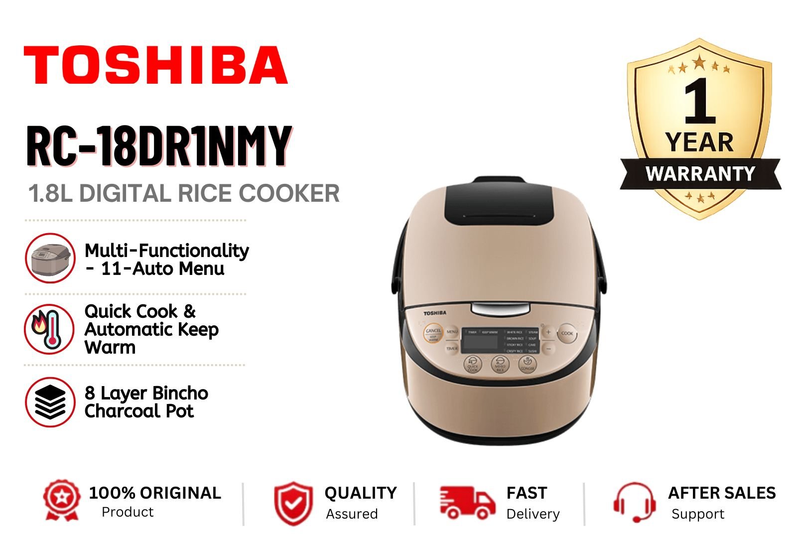 Toshiba RC-18DR1NMY 1.8L Digital Rice Cooker | Smart Family Rice Cooker Malaysia | Multi-Menu Non-Stick Electric Cooker with Keep Warm Function | Easy Cooking Kitchen Appliance