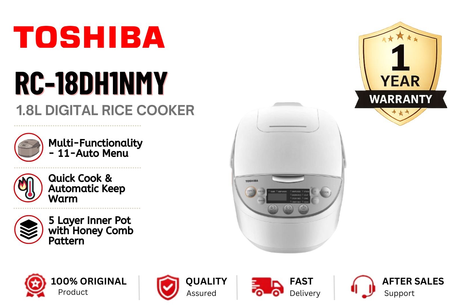 Toshiba RC-18DH1NMY 1.8L Digital Rice Cooker | Smart Electric Rice Cooker Malaysia | Family Size Non-Stick Multi-Menu Cooker with Keep Warm Function | Easy Cook Kitchen Appliance