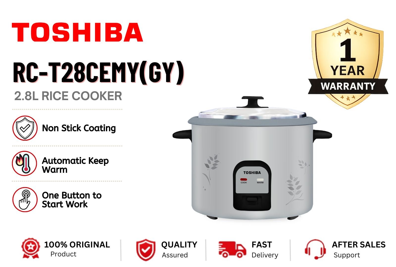 Toshiba RC-T28CEMY(GY) 2.8L Conventional Rice Cooker | Large Family Rice Cooker Malaysia | Big Capacity Non-Stick Easy Cook Electric Cooker with Keep Warm Function | Durable Kitchen Appliance