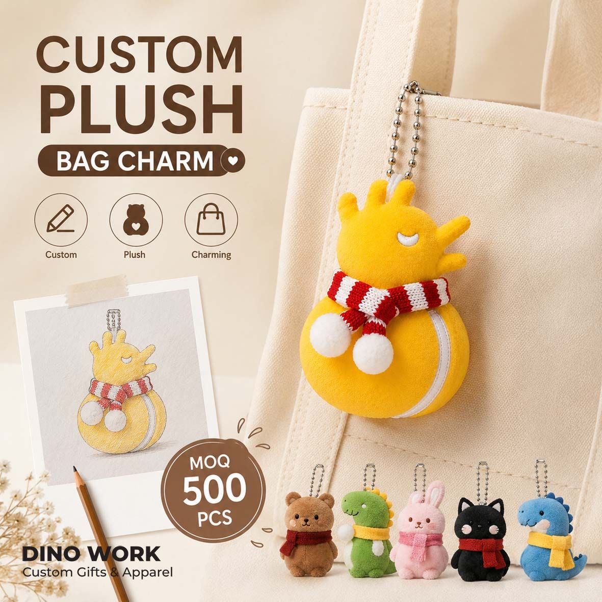 Fully Custom Plush Bag Charm (MOQ = 500pcs)